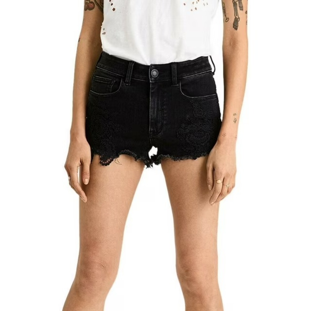 American Eagle Outfitters Shorts Womens 4 Black Denim Stretch Lace-Trim Frayed